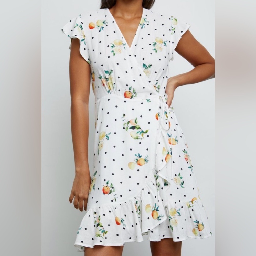 Rails Summer Dress Polka Dot Citrus Frilly Wrap Dress Feminine White Size XS